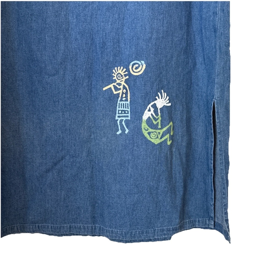 Vintage Fads Denim Maxi Dress Kokopelli Flute Player Blue Cotton Large RN 84789 - Picture 4 of 10